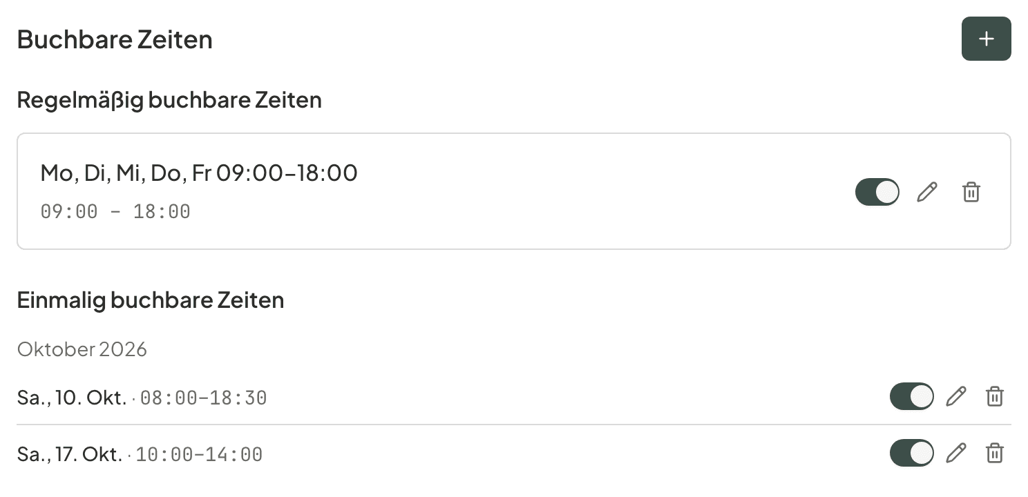 Die Liste „Buchbare Zeiten“ eines Raums im luno-Dashboard mit zwei Abschnitten: „Regelmäßig buchbare Zeiten“ mit einer Regel für Montag bis Freitag und „Einmalig buchbare Zeiten“ mit zwei Samstagen.