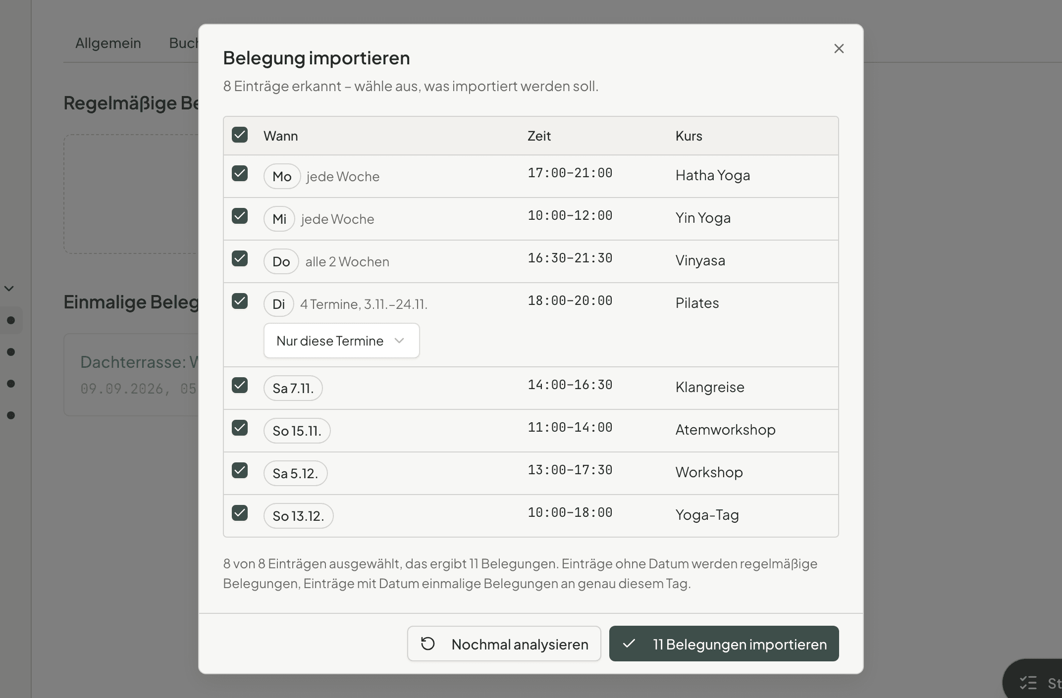 Die Vorschau im Dialog „Belegung importieren“: drei Kurse mit „jede Woche“ oder „alle 2 Wochen“, ein Pilates-Kurs als eine Zeile mit „4 Termine, 3.11.–24.11.“ und der Auswahl „Nur diese Termine“ sowie vier Workshops mit ihrem Datum.