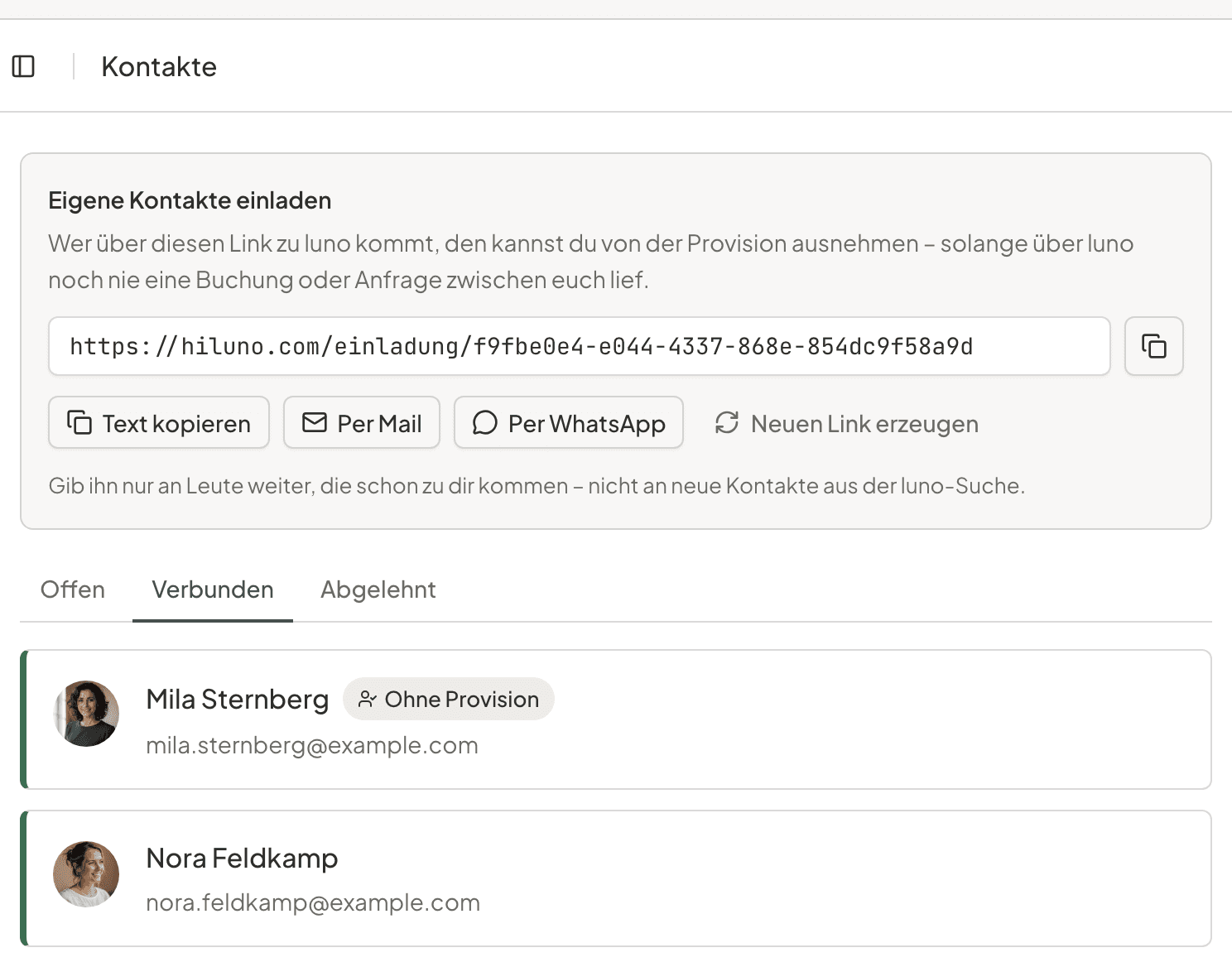 Die Kontaktliste im luno-Dashboard: über der Liste der Einladungslink, darunter ein Kontakt mit dem Kennzeichen „Ohne Provision“.