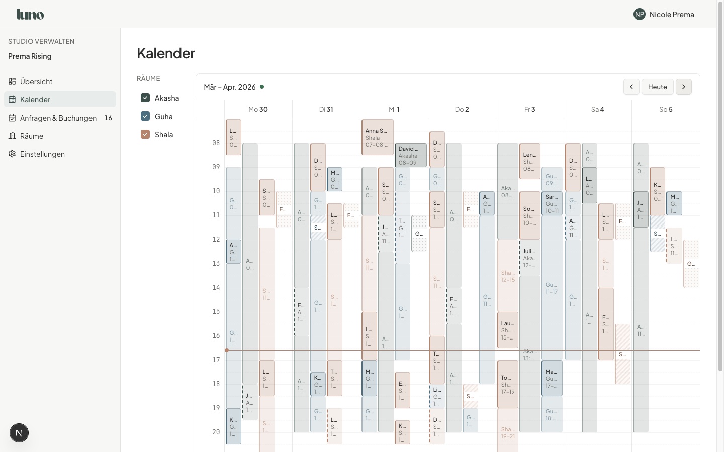 luno — Verfügbarkeiten-Kalender im Dashboard
